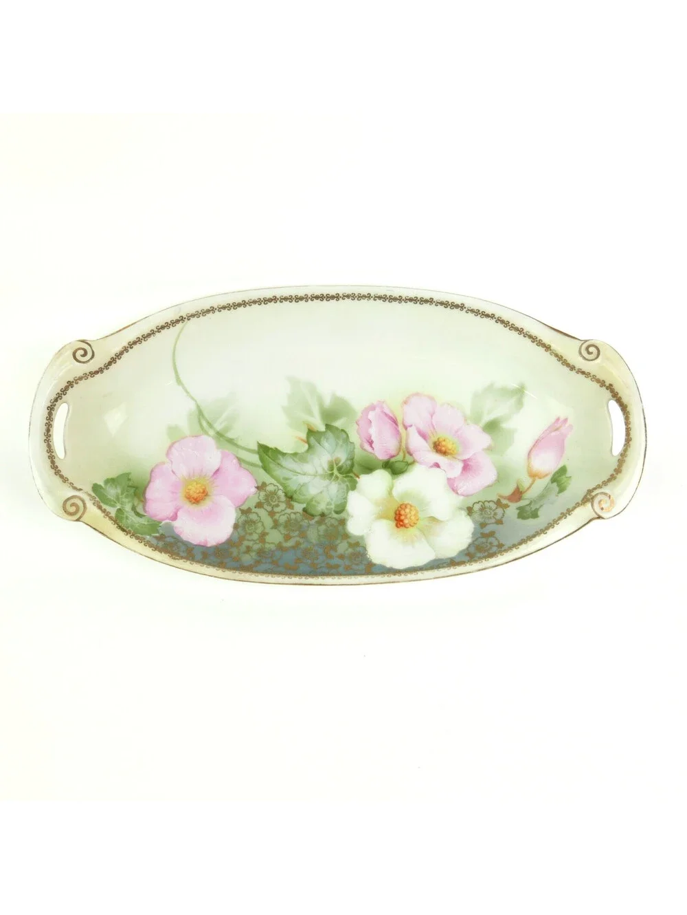 Antique RS Germany Porcelain Celery Dish Relish Tray Hand Painted Flowers Pink